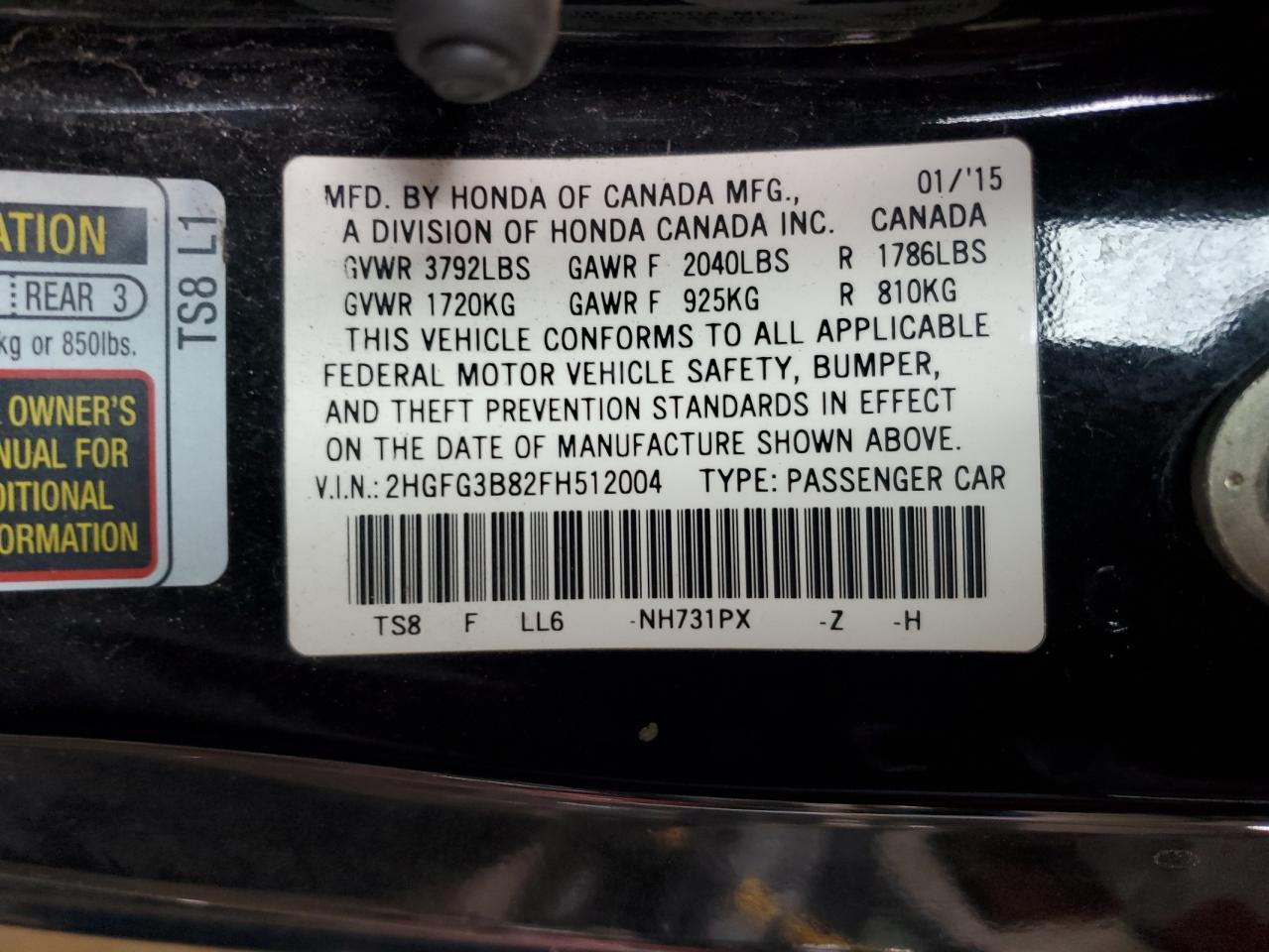 2015 Honda Civic Ex VIN: 2HGFG3B82FH512004 Lot: 61828575