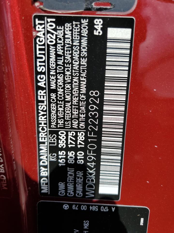 2001 Mercedes-Benz Slk 230 Kompressor VIN: WDBKK49F01F223928 Lot: 58350145