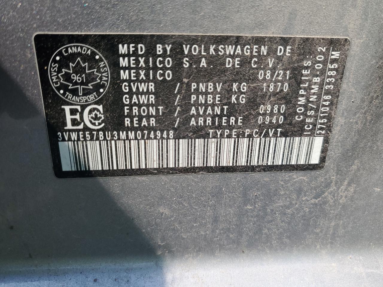 2021 Volkswagen Jetta Sel VIN: 3VWE57BU3MM074948 Lot: 59575305
