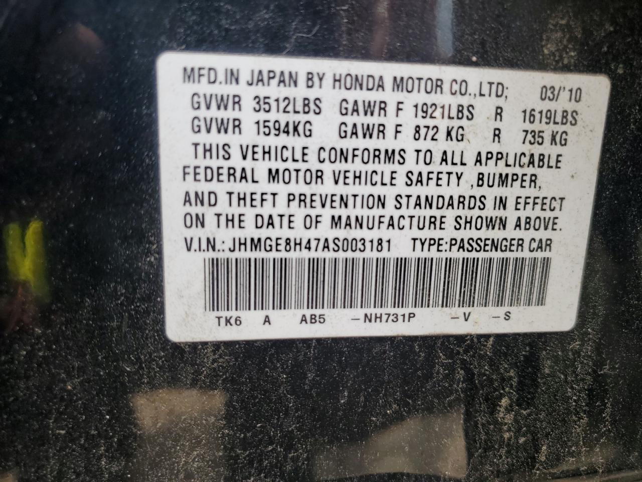 2010 Honda Fit Sport VIN: JHMGE8H47AS003181 Lot: 60129325