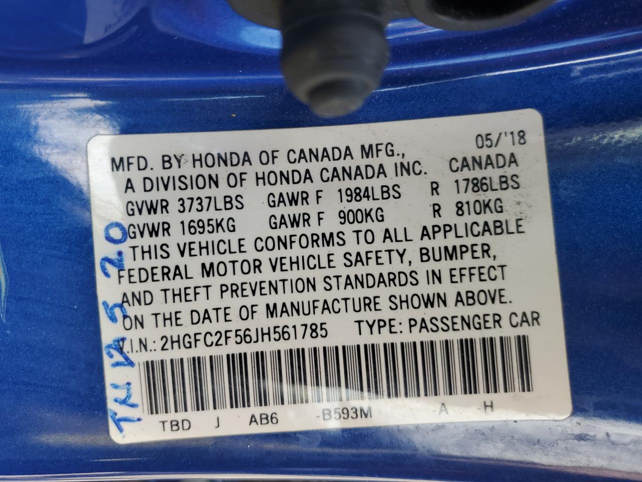 HONDA CIVIC 2018 VIN 2HGFC2F56JH561785 zdjęcie 13