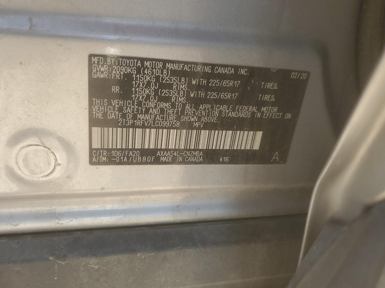 2020 Toyota Rav4 Xle VIN: 2T3P1RFV7LC099758 Lot: 62161885