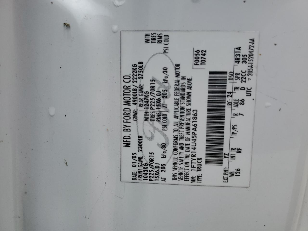 FORD RANGER 2005 VIN 1FTYR14U45PA61863 photo 12