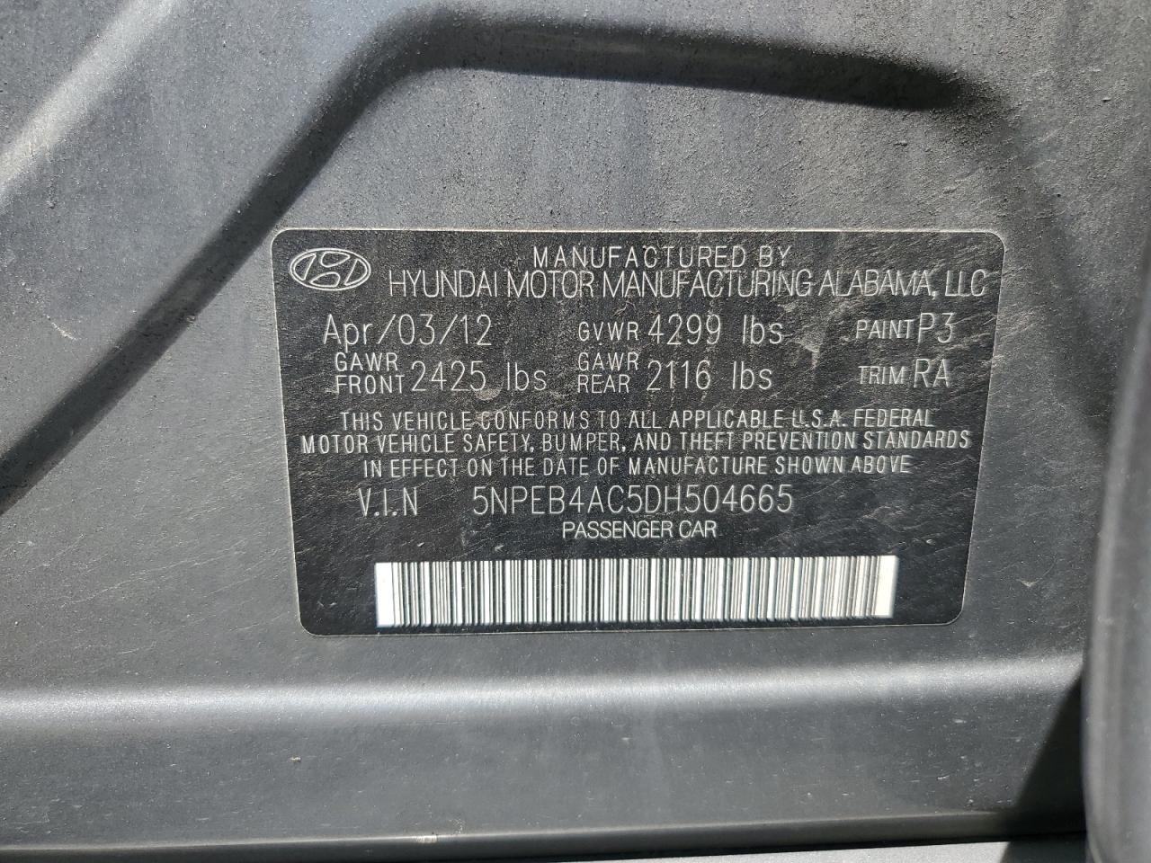 5npeb4ac5dh504665 5NPEB4AC5DH504665 2013 Hyundai Sonata Gls