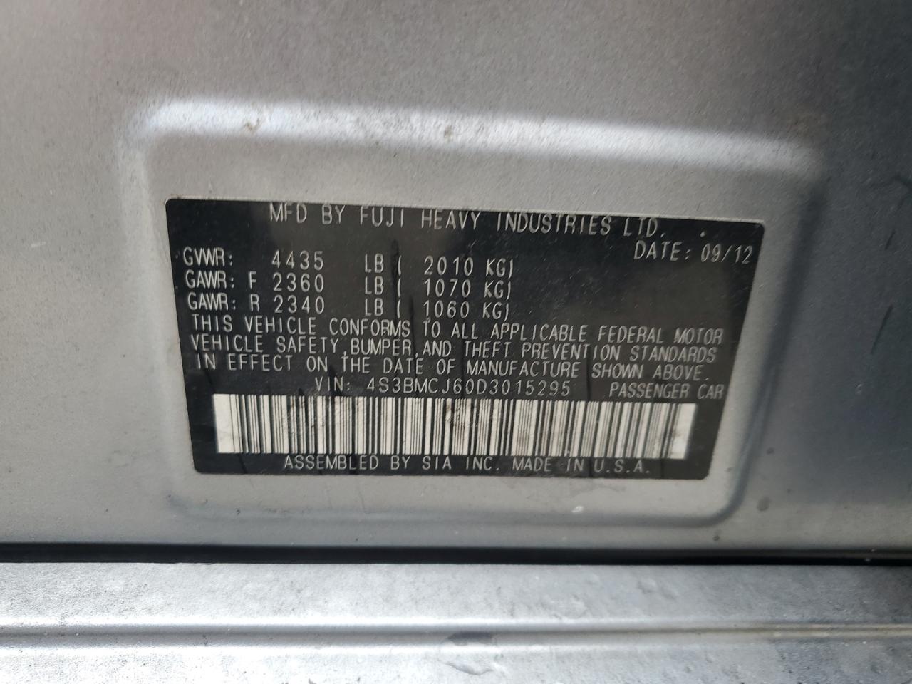2013 Subaru Legacy 2.5I Limited VIN: 4S3BMCJ60D3015295 Lot: 62900905