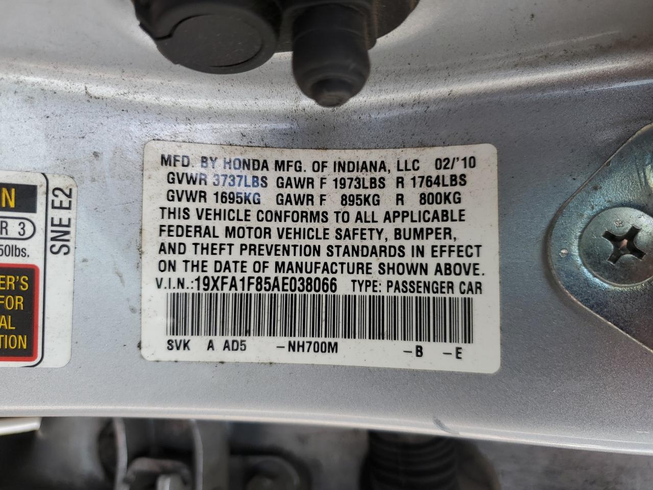 HONDA CIVIC 2010 VIN 19XFA1F85AE038066 photo 12