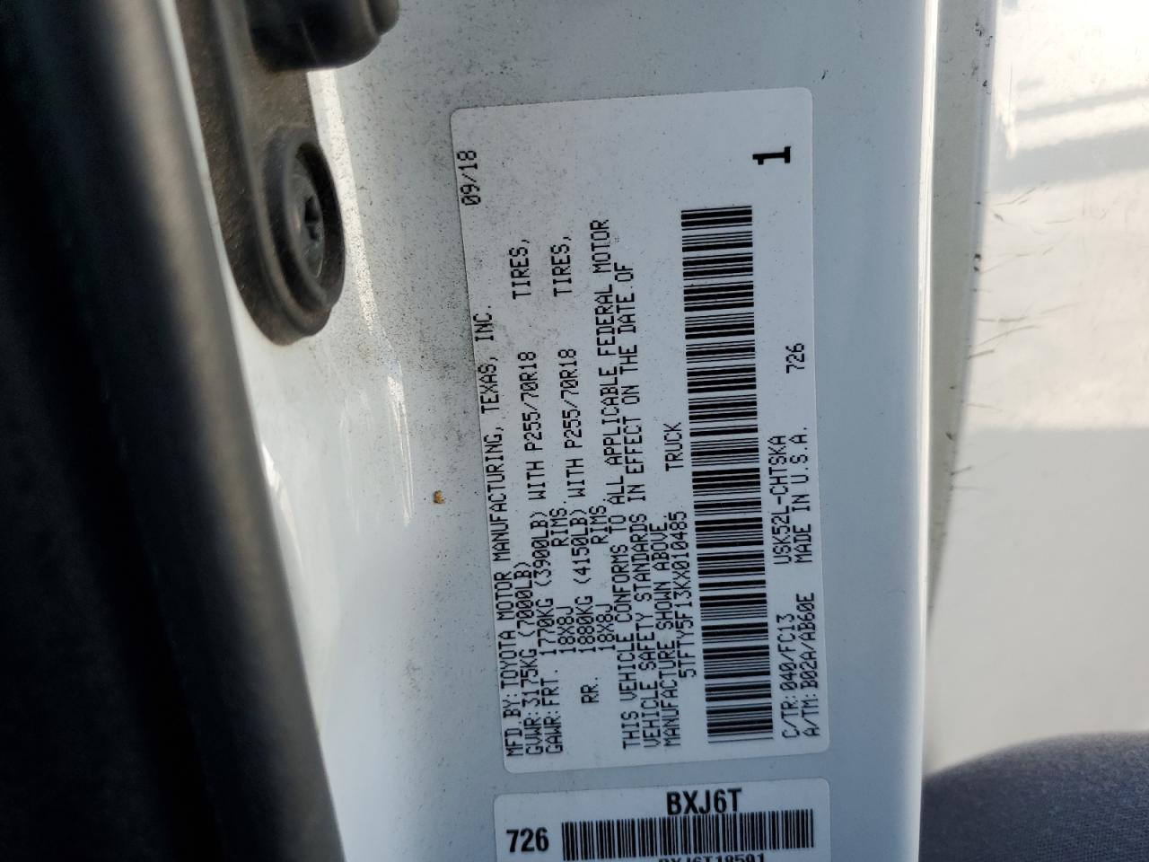 2019 Toyota Tundra Double Cab Sr VIN: 5TFTY5F13KX010485 Lot: 63054255