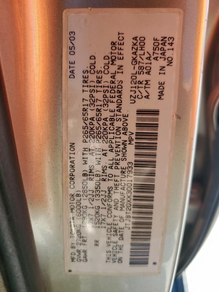 2003 Lexus Gx 470 VIN: JTJBT20XX30017933 Lot: 61458365