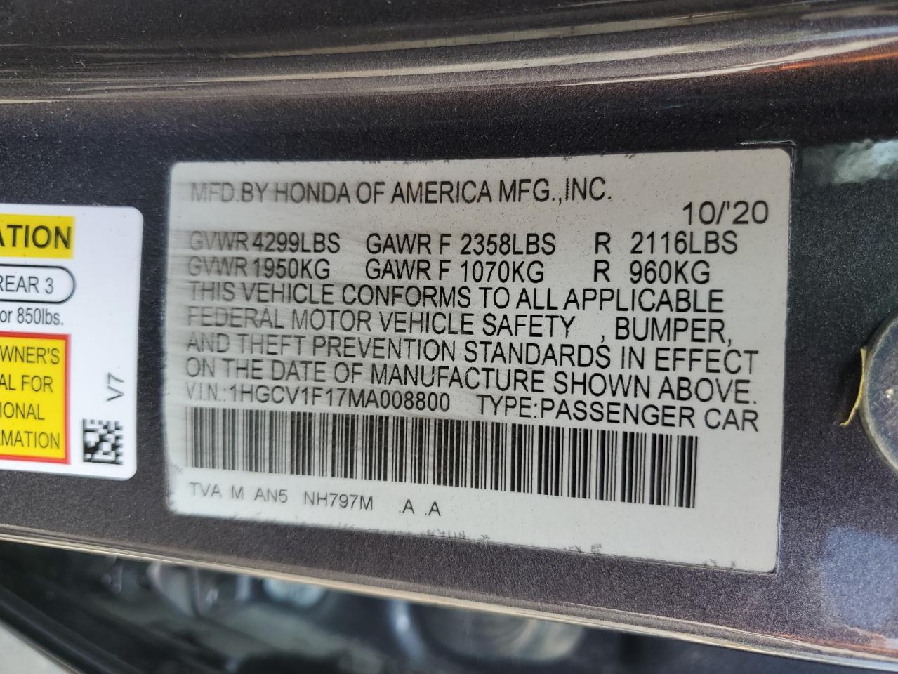 2021 Honda Accord Lx VIN: 1HGCV1F17MA008800 Lot: 60656935