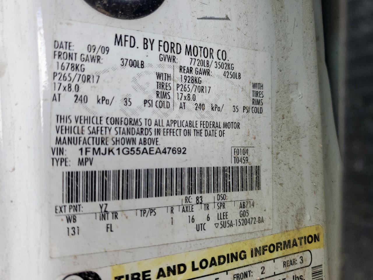 2010 Ford Expedition El Xlt VIN: 1FMJK1G55AEA47692 Lot: 61748445
