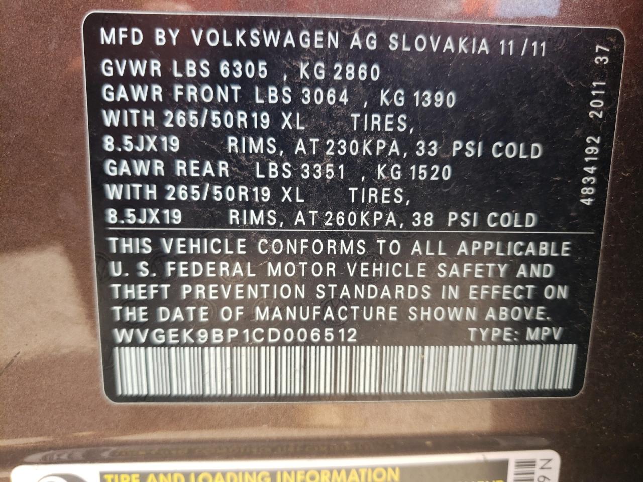 2012 Volkswagen Touareg V6 Tdi VIN: WVGEK9BP1CD006512 Lot: 58614845