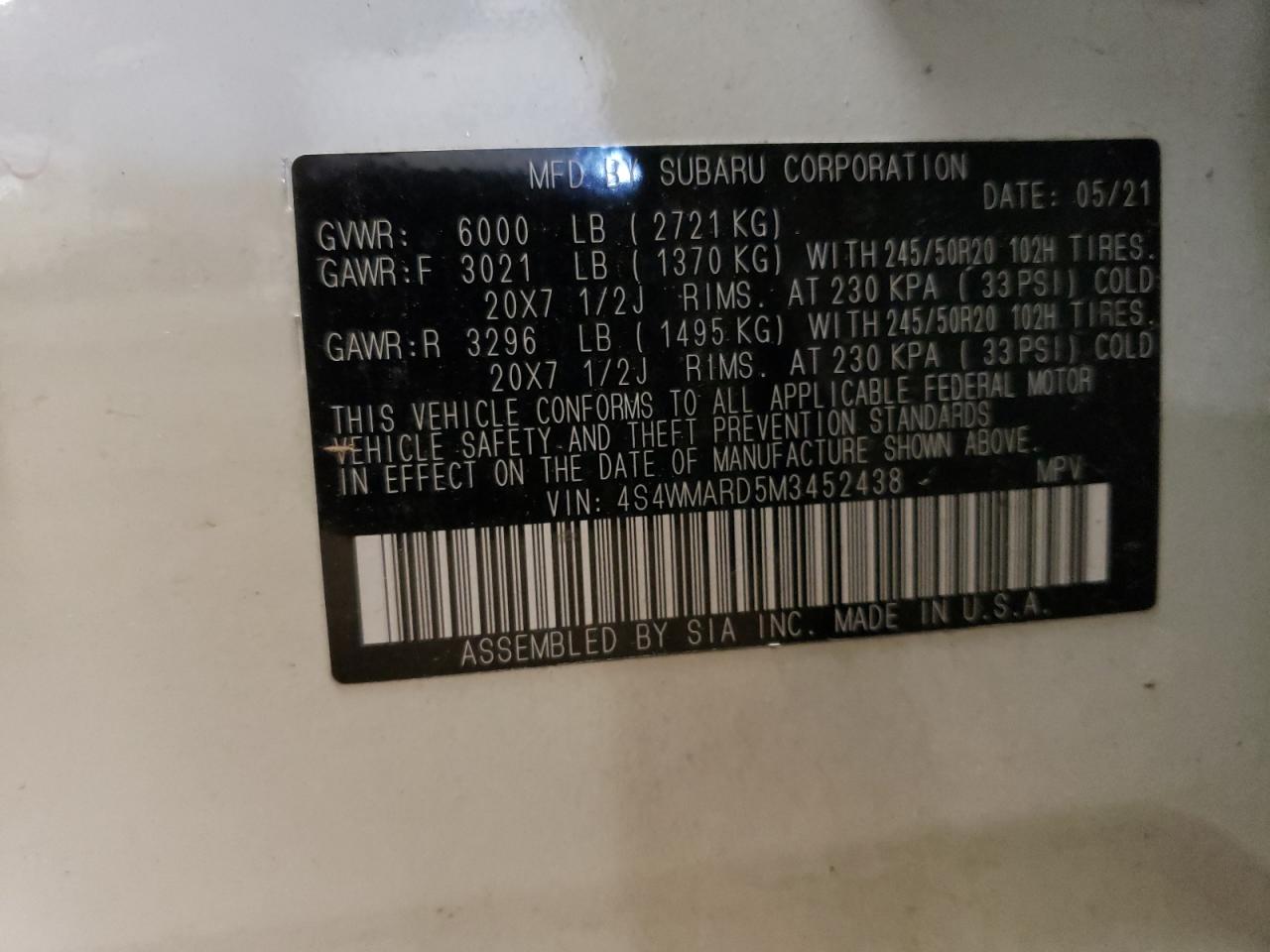 2021 Subaru Ascent Touring VIN: 4S4WMARD5M3452438 Lot: 60407275