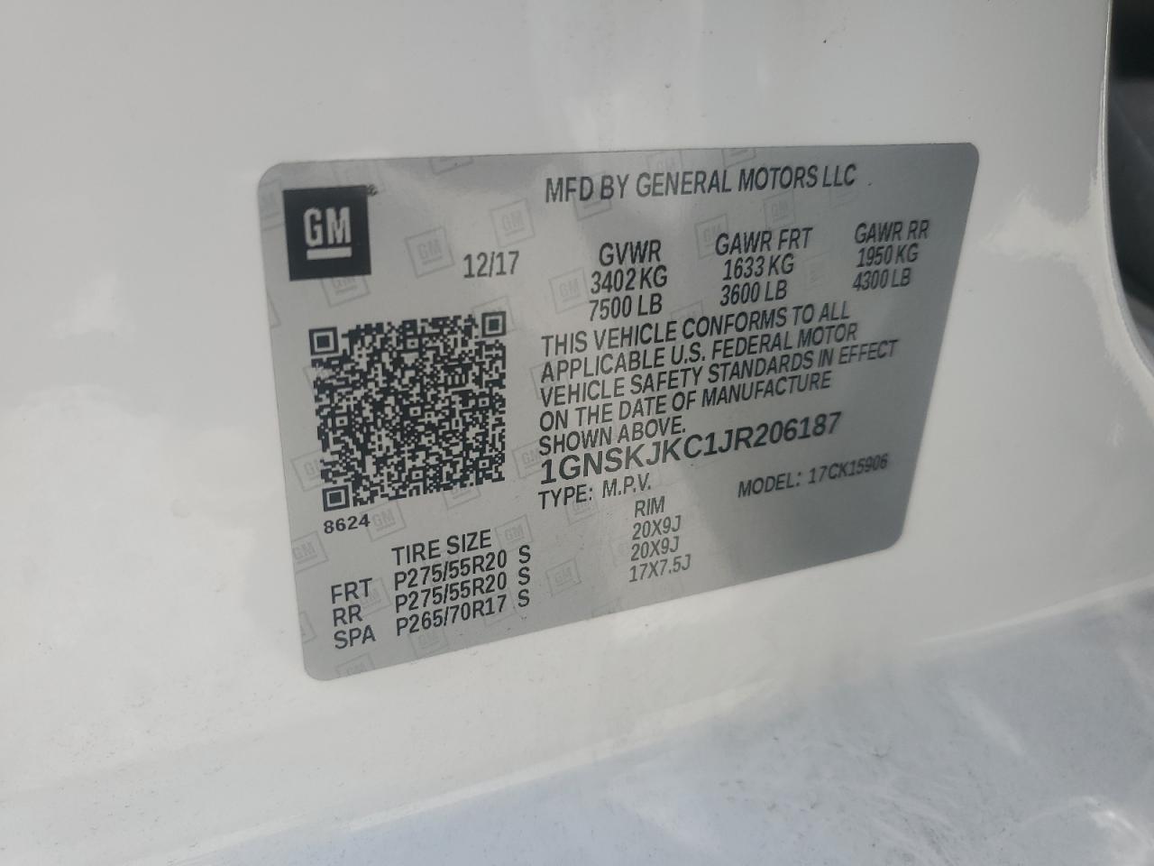 2018 Chevrolet Suburban K1500 Premier VIN: 1GNSKJKC1JR206187 Lot: 61774325