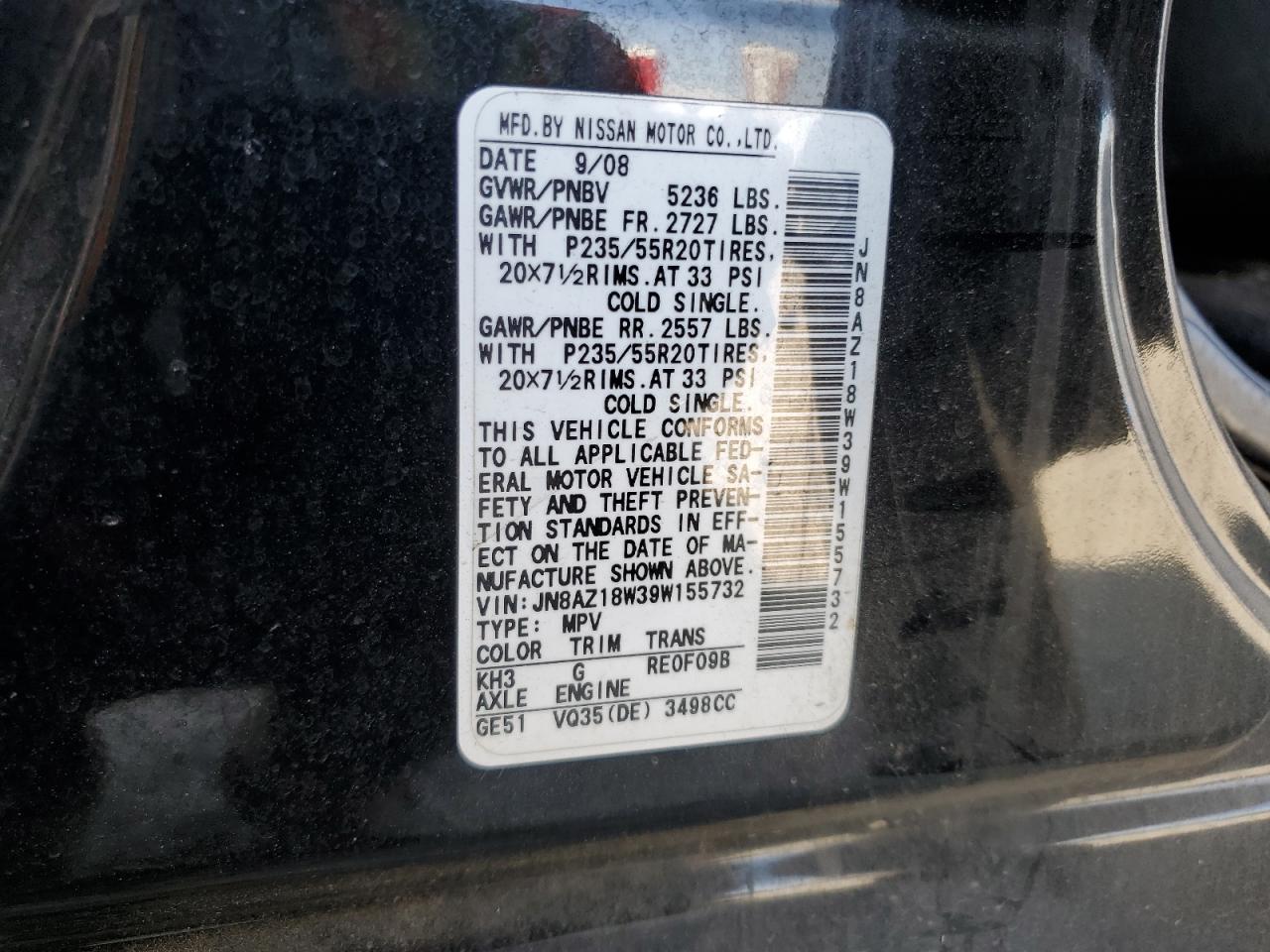2009 Nissan Murano S VIN: JN8AZ18W39W155732 Lot: 61470515