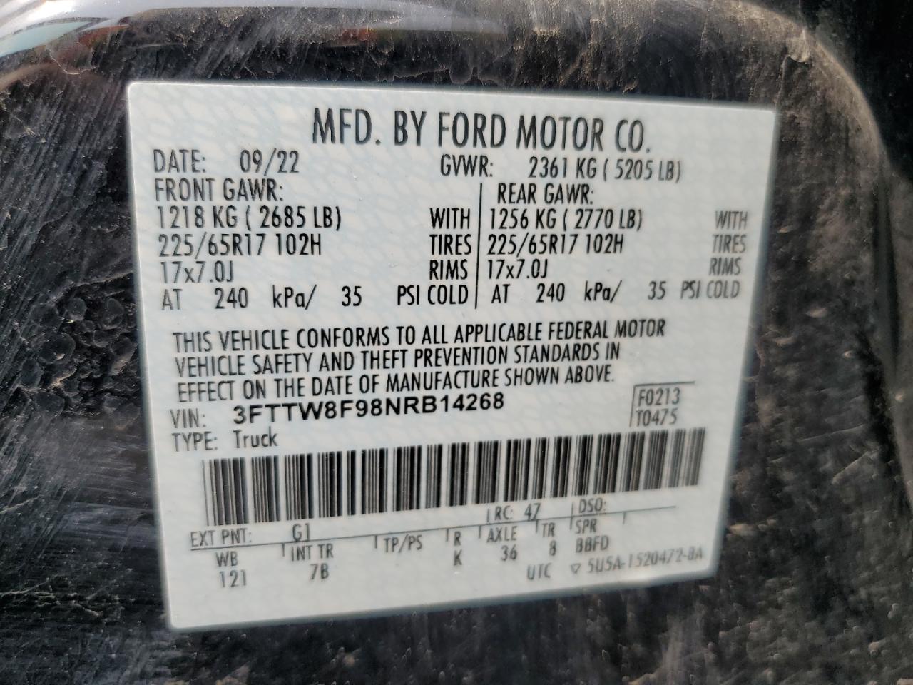 2022 Ford Maverick Xl VIN: 3FTTW8F98NRB14268 Lot: 61052095