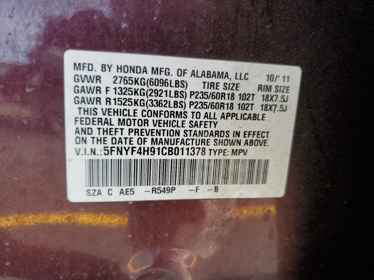 2012 Honda Pilot Touring VIN: 5FNYF4H91CB011378 Lot: 59323605