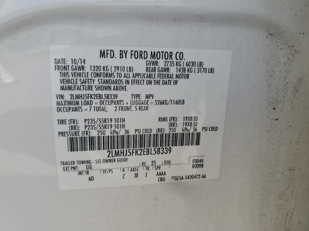 2014 Lincoln Mkt VIN: 2LMHJ5FK2EBL58339 Lot: 61364135