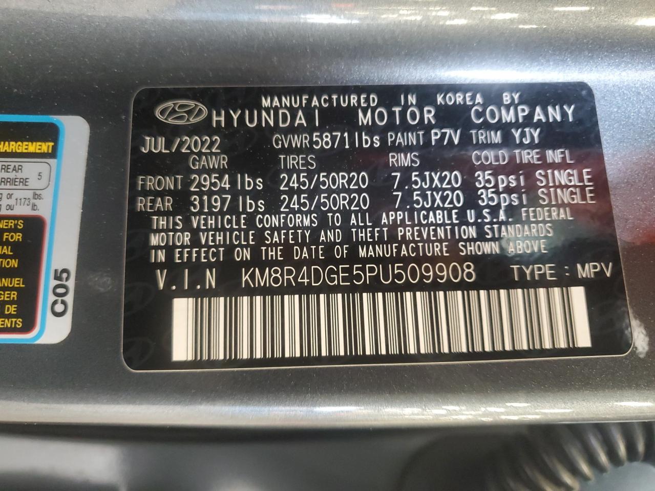 2023 Hyundai Palisade Sel Premium VIN: KM8R4DGE5PU509908 Lot: 62752365