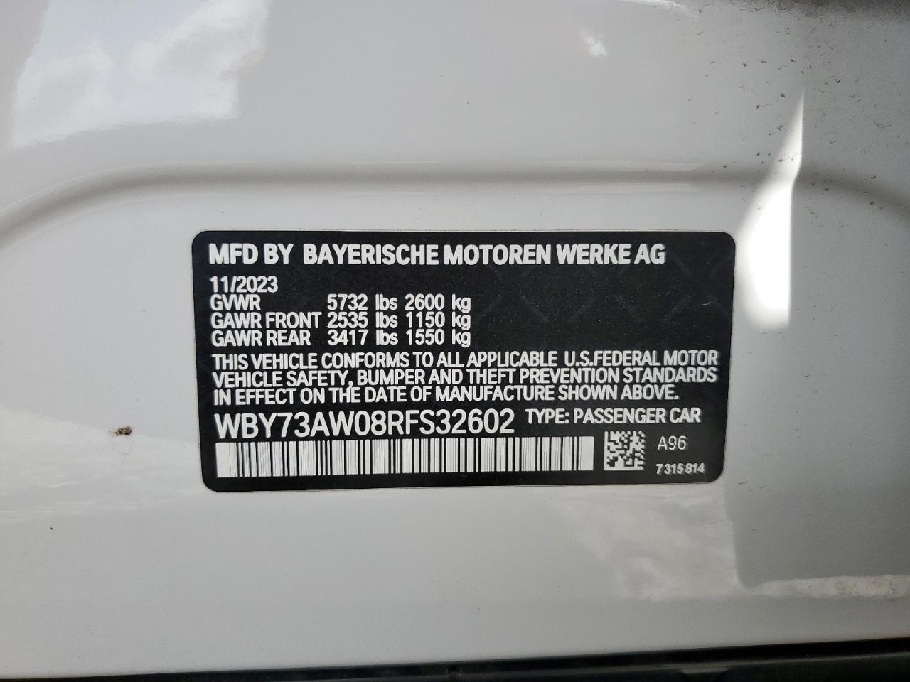 2024 BMW I4 Edrive 40 VIN: WBY73AW08RFS32602 Lot: 58555085