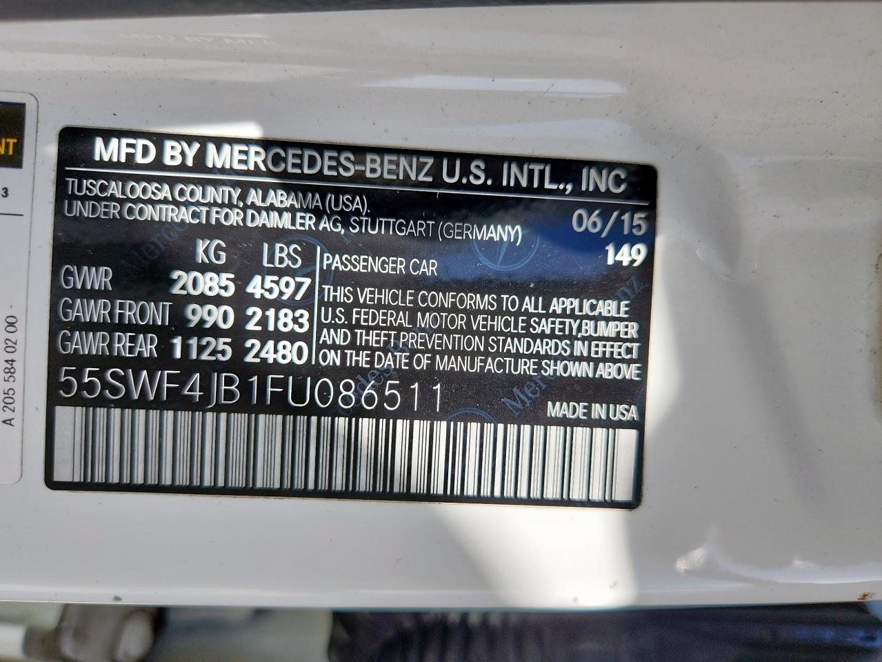 2015 Mercedes-Benz C 300 VIN: 55SWF4JB1FU086511 Lot: 62959235