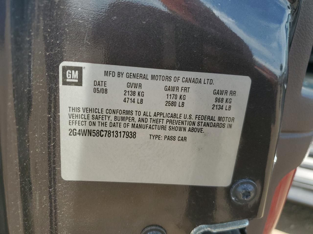 2008 Buick Lacrosse Super Series VIN: 2G4WN58C781317938 Lot: 62757355
