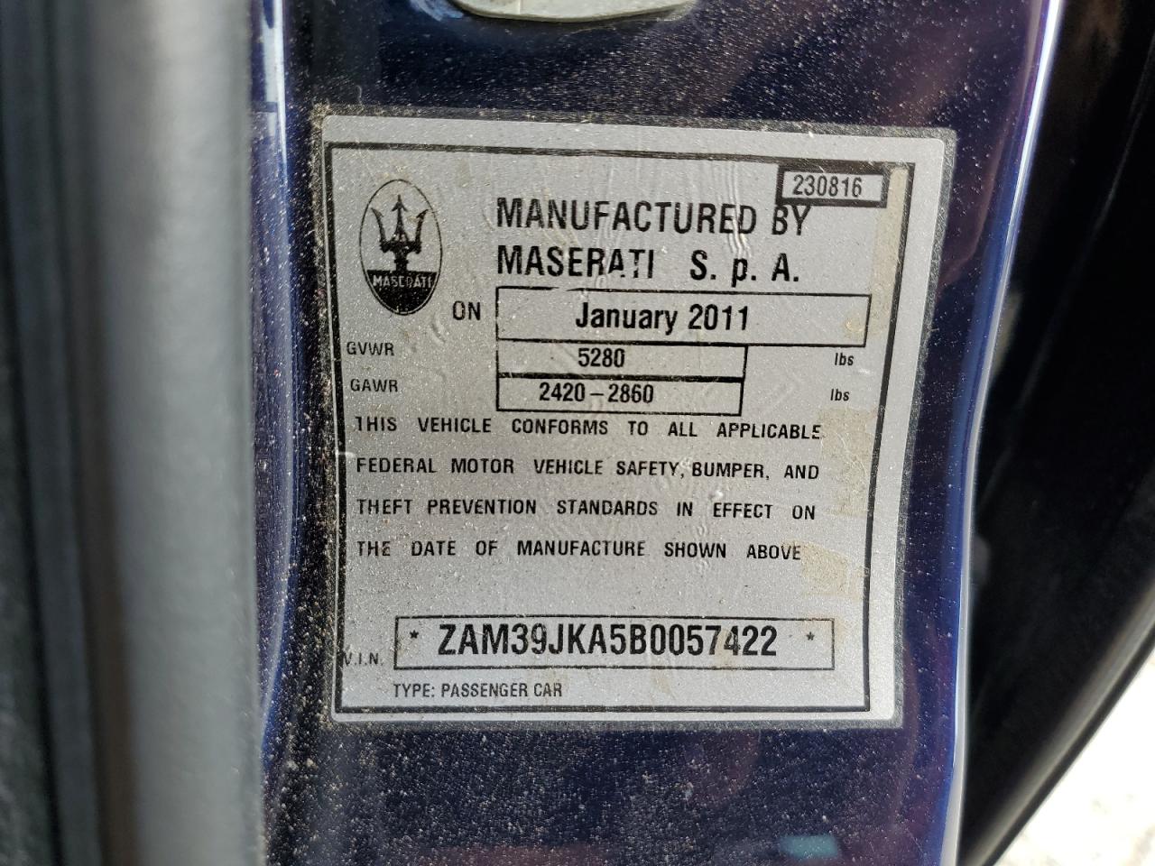2011 Maserati Quattroporte S VIN: ZAM39JKA5B0057422 Lot: 59760865
