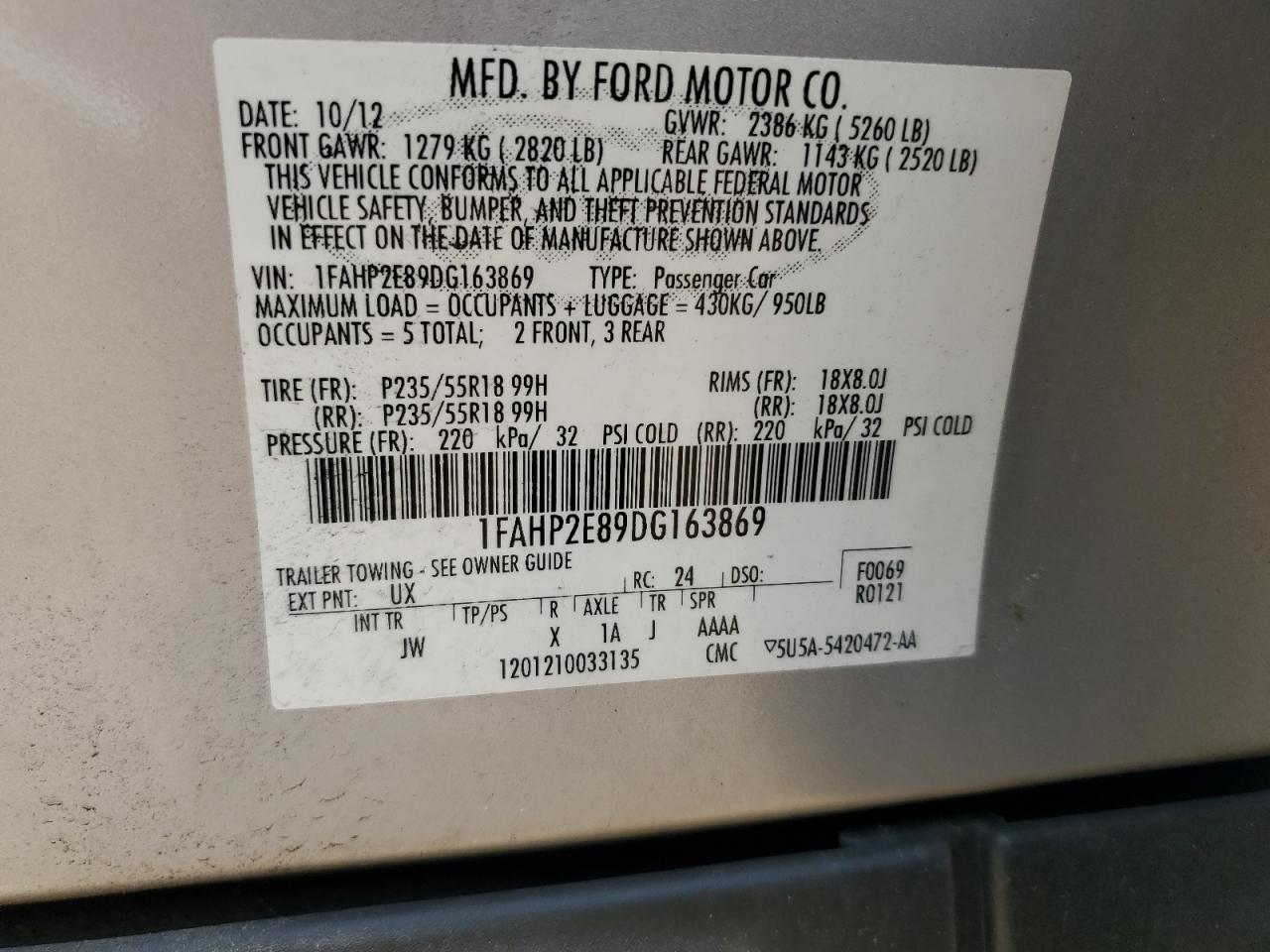 2013 Ford Taurus Sel VIN: 1FAHP2E89DG163869 Lot: 62695005