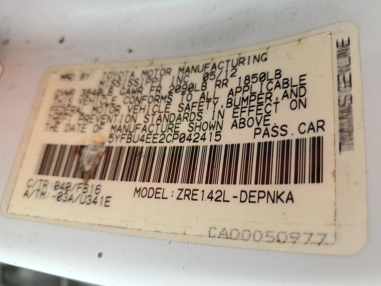 2012 Toyota Corolla Base VIN: 5YFBU4EE2CP042415 Lot: 63141055