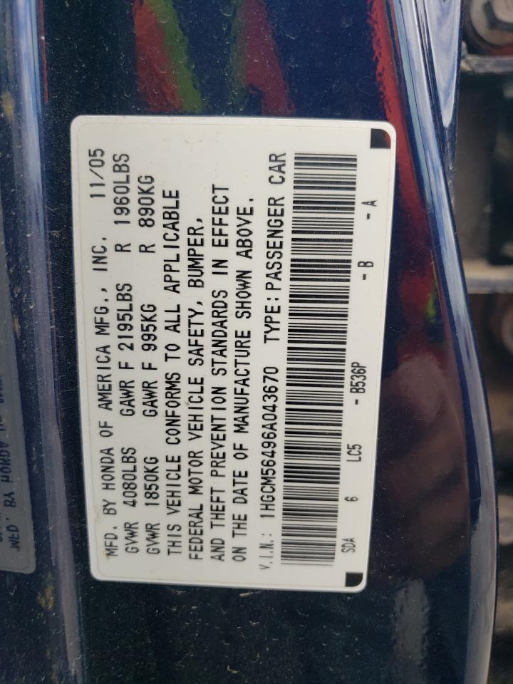 2006 Honda Accord Lx VIN: 1HGCM56496A043670 Lot: 62999695