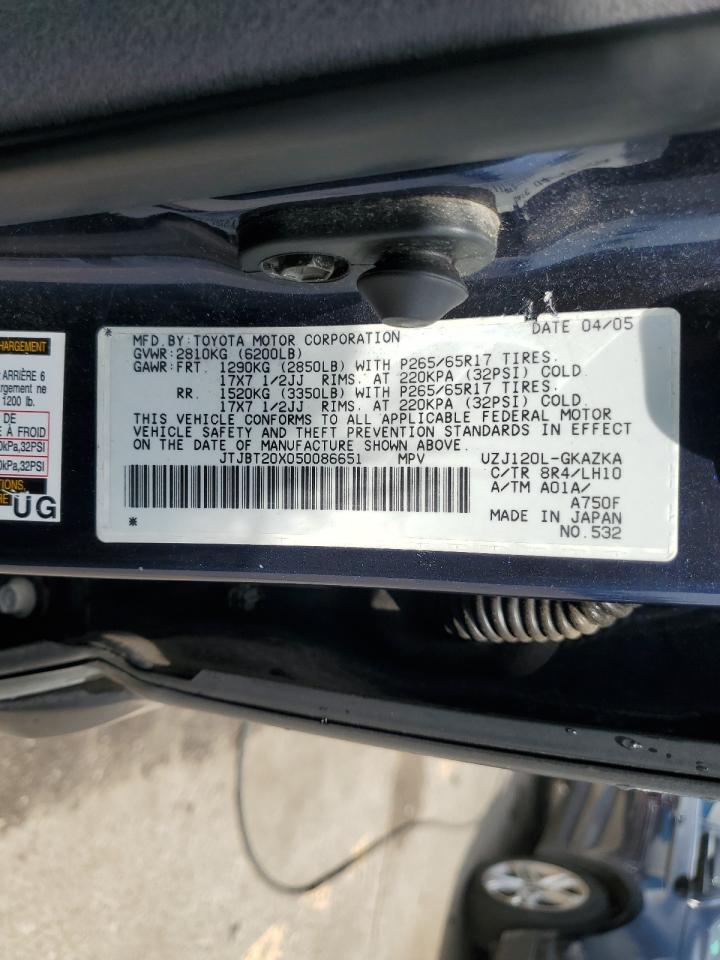 2005 Lexus Gx 470 VIN: JTJBT20X050086651 Lot: 62127915