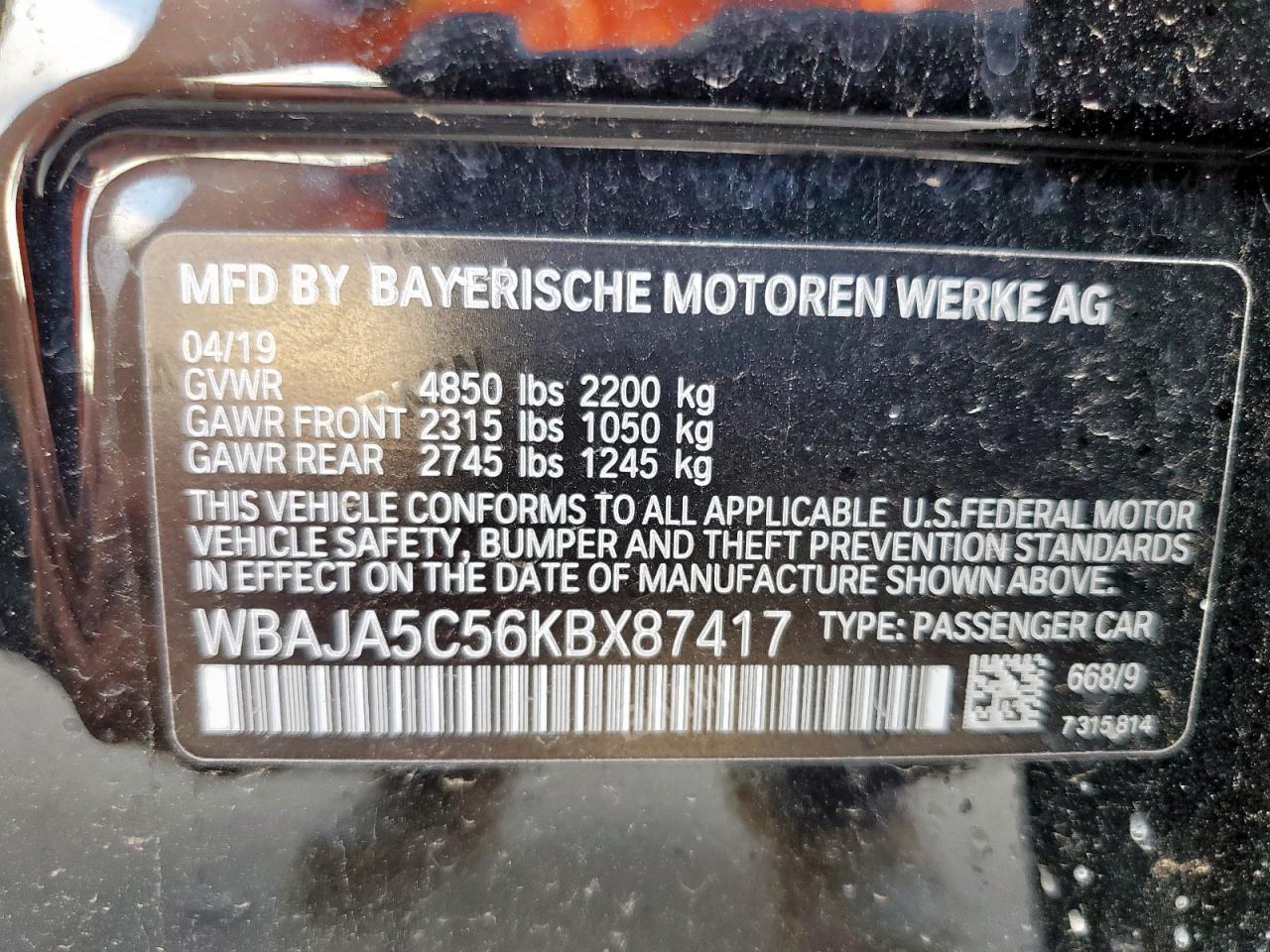 2019 BMW 530 I VIN: WBAJA5C56KBX87417 Lot: 59996005