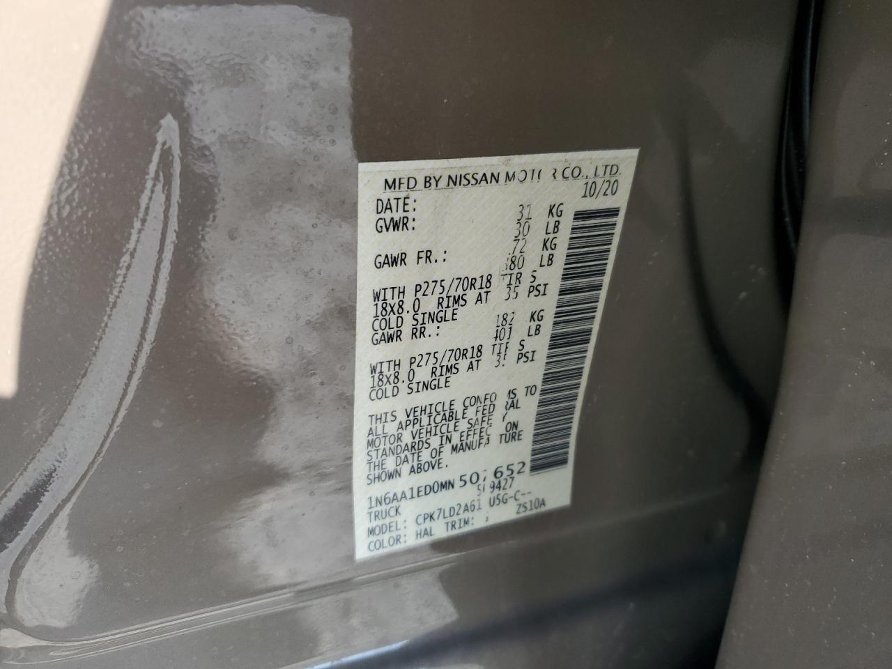 2021 Nissan Titan Sv VIN: 1N6AA1ED0MN507652 Lot: 62156505