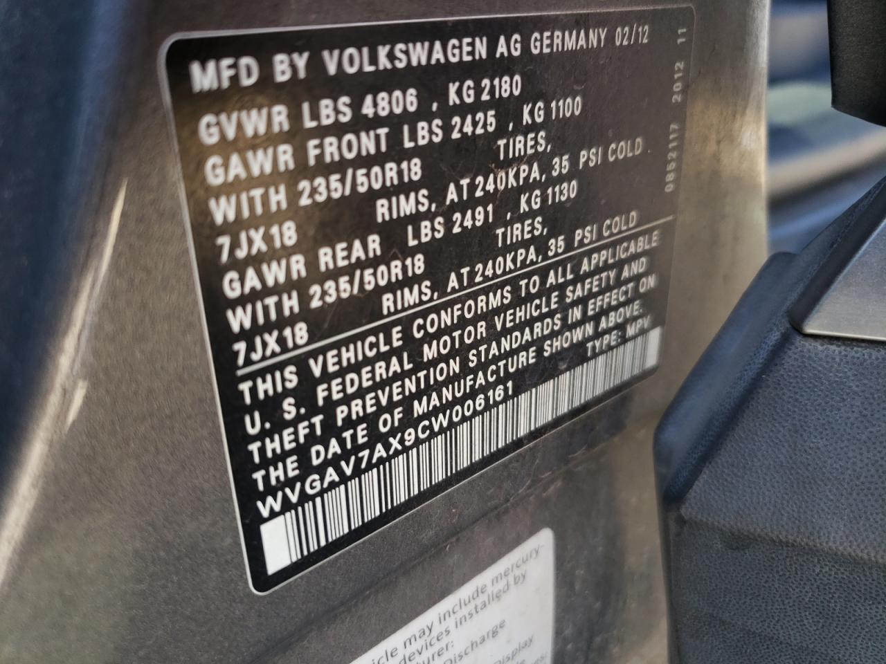2012 Volkswagen Tiguan S VIN: WVGAV7AX9CW006161 Lot: 61789085