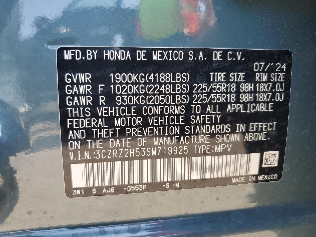 2025 Honda Hr-V Sport VIN: 3CZRZ2H53SM719925 Lot: 62123005