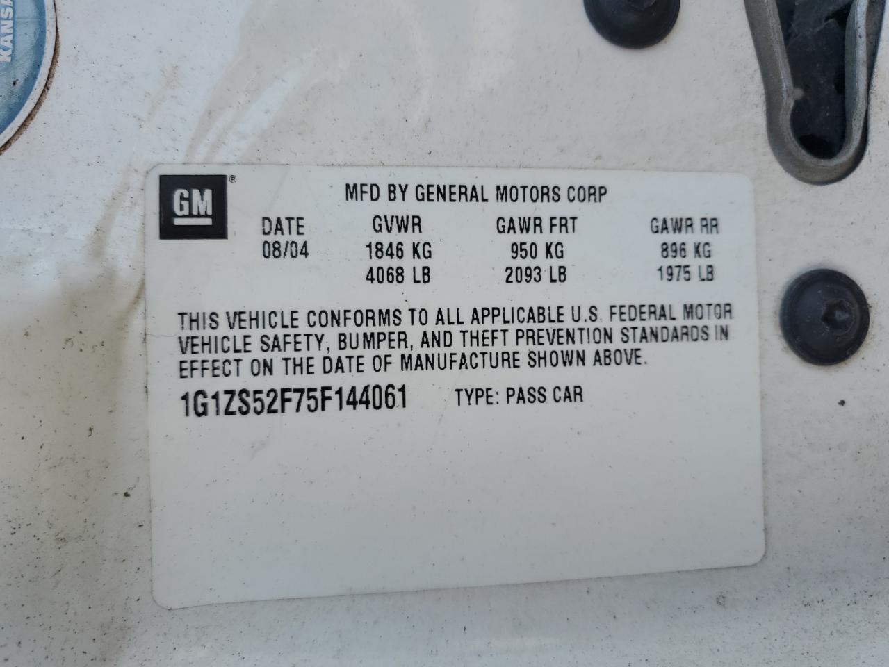 2005 Chevrolet Malibu VIN: 1G1ZS52F75F144061 Lot: 62209605