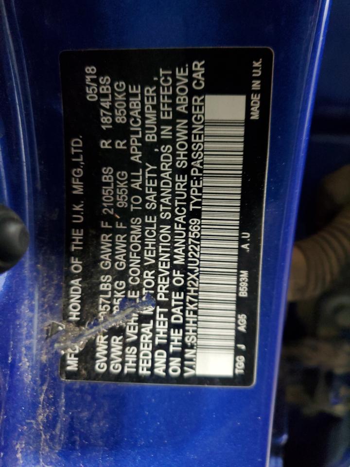 2018 Honda Civic Lx VIN: SHHFK7H2XJU227569 Lot: 61149295