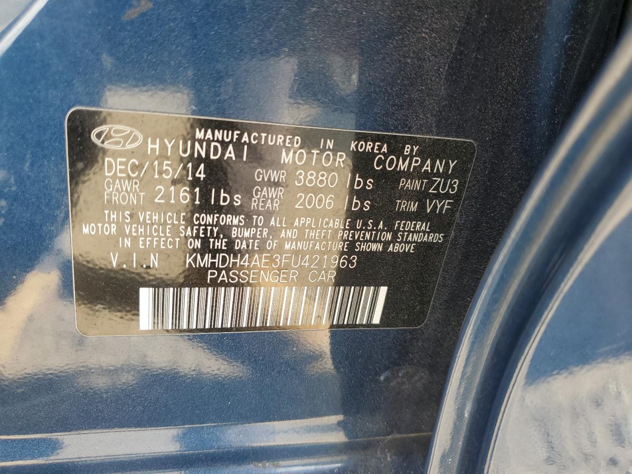 HYUNDAI ELANTRA 2015 VIN KMHDH4AE3FU421963 фото 12