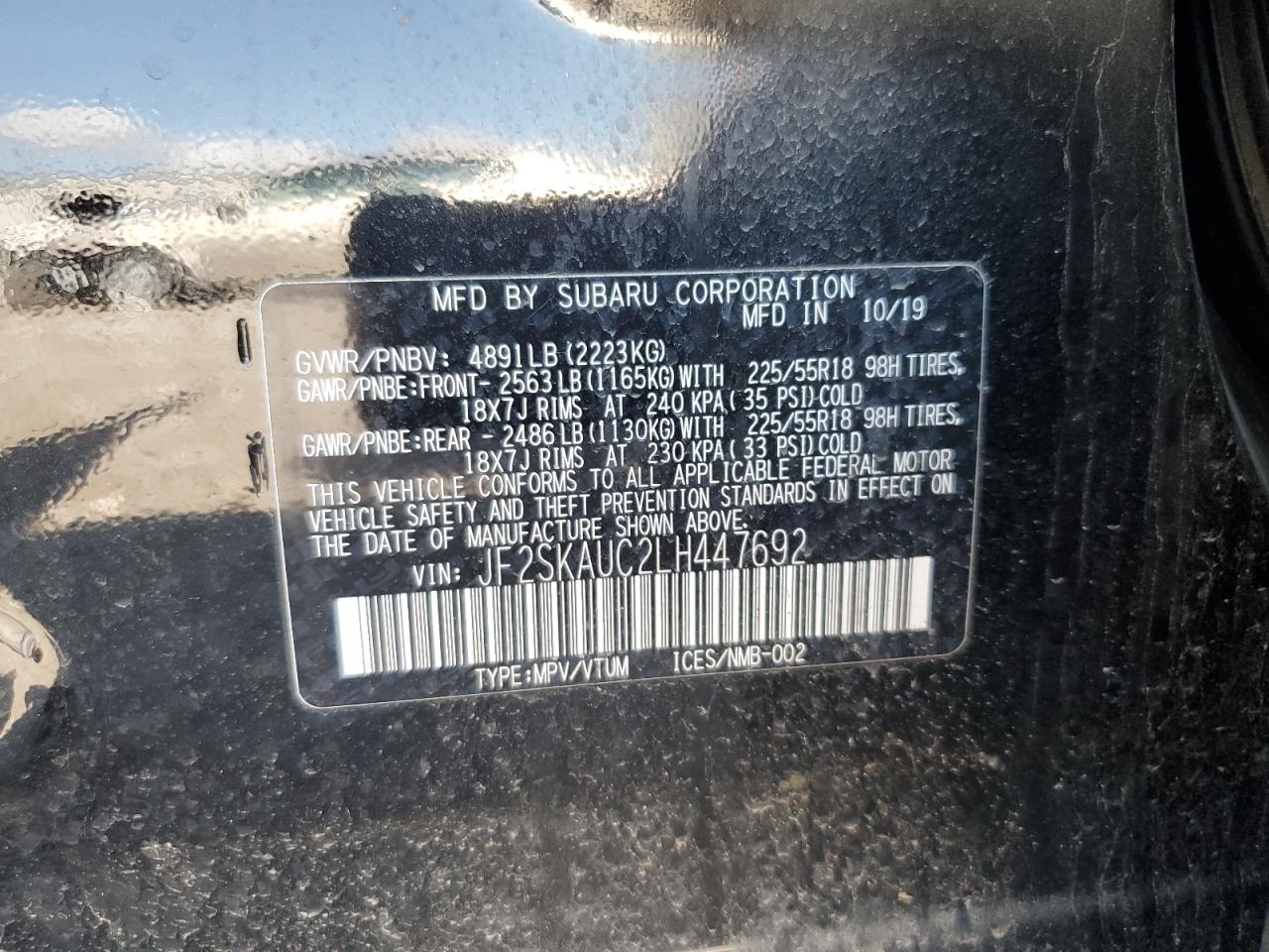 2020 Subaru Forester Limited VIN: JF2SKAUC2LH447692 Lot: 62743355