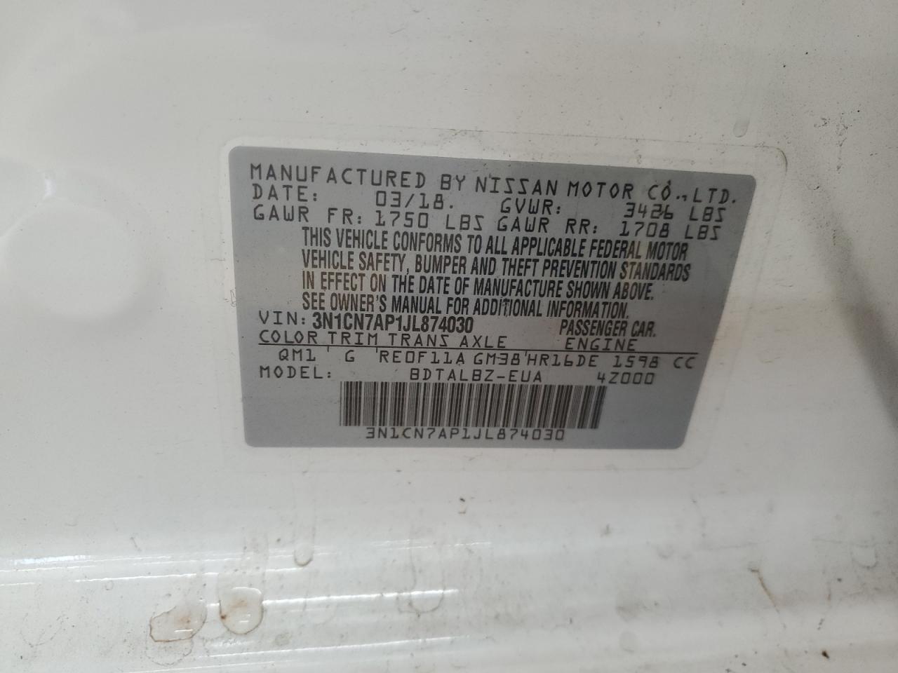 2018 Nissan Versa S VIN: 3N1CN7AP1JL874030 Lot: 62998275