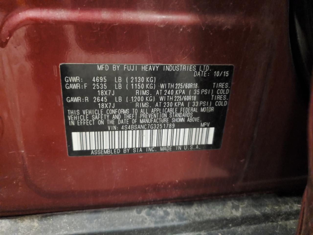 2016 Subaru Outback 2.5I Limited VIN: 4S4BSANC7G3251789 Lot: 61195735