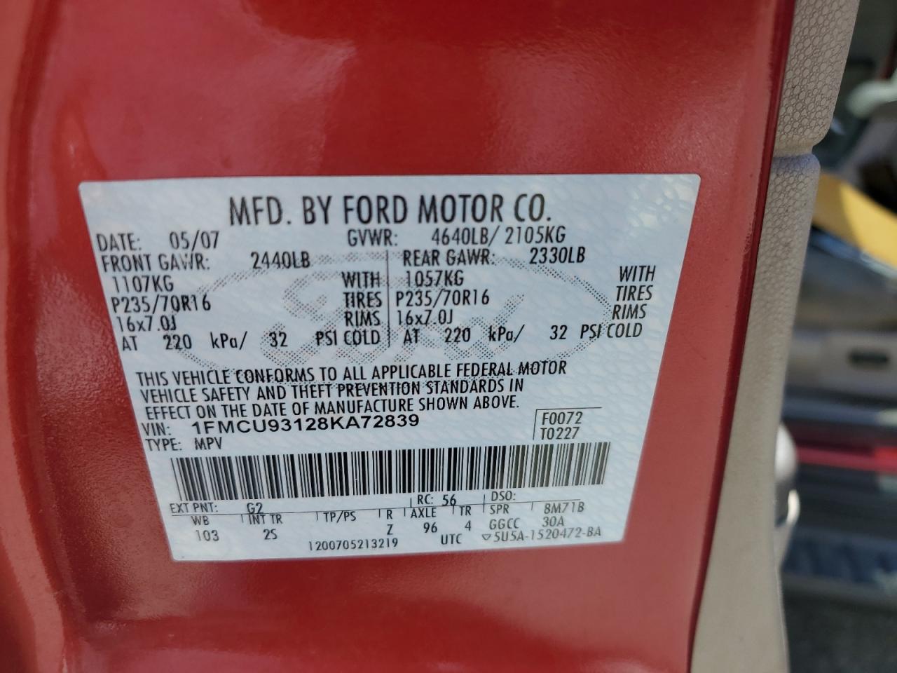 2008 Ford Escape Xlt VIN: 1FMCU93128KA72839 Lot: 63145615