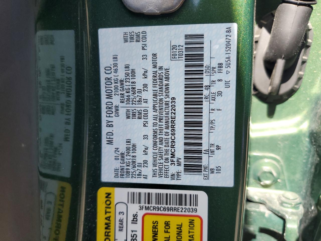 2024 Ford Bronco Sport Outer Banks VIN: 3FMCR9C69RRE22039 Lot: 61914825