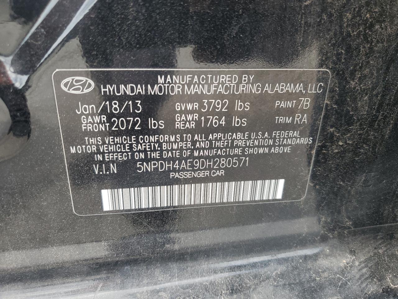 2013 Hyundai Elantra Gls VIN: 5NPDH4AE9DH280571 Lot: 60239845