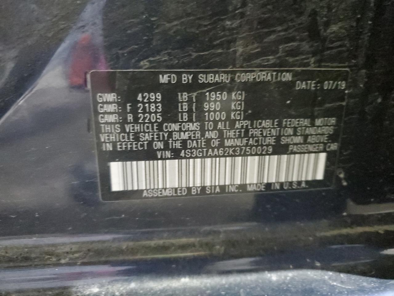 2019 Subaru Impreza VIN: 4S3GTAA62K3750029 Lot: 61940255