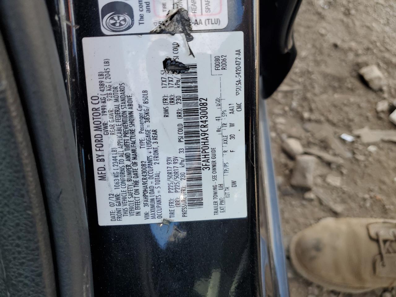 2012 Ford Fusion Se VIN: 3FAHP0HA9CR430082 Lot: 62730195