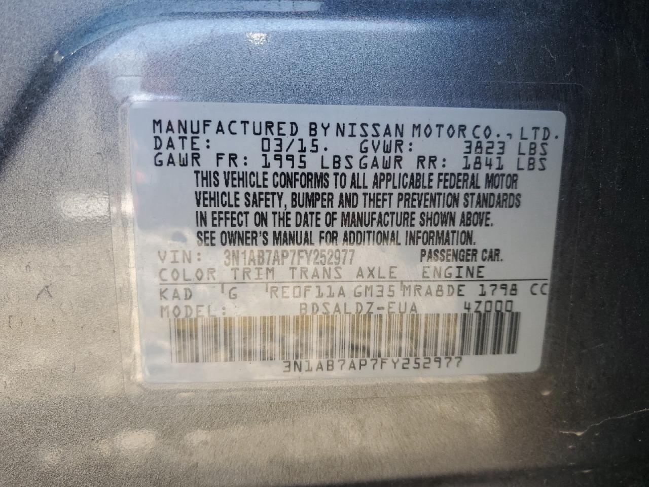 2015 Nissan Sentra S VIN: 3N1AB7AP7FY252977 Lot: 61628065