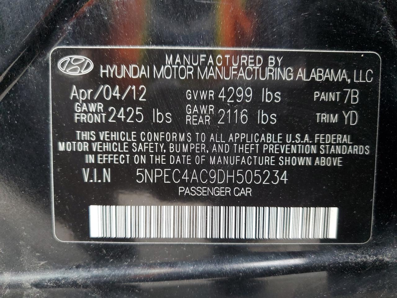 2013 Hyundai Sonata Se VIN: 5NPEC4AC9DH505234 Lot: 62200155