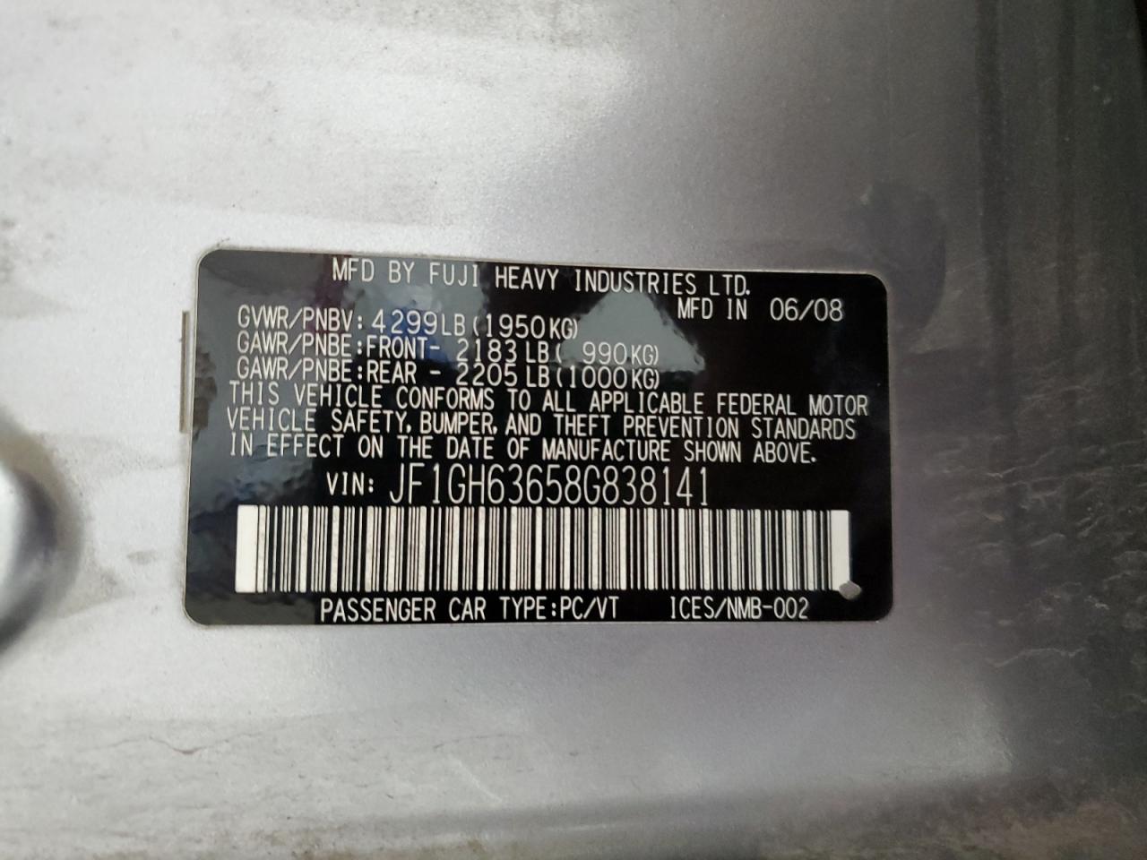 2008 Subaru Impreza Outback Sport VIN: JF1GH63658G838141 Lot: 62359575