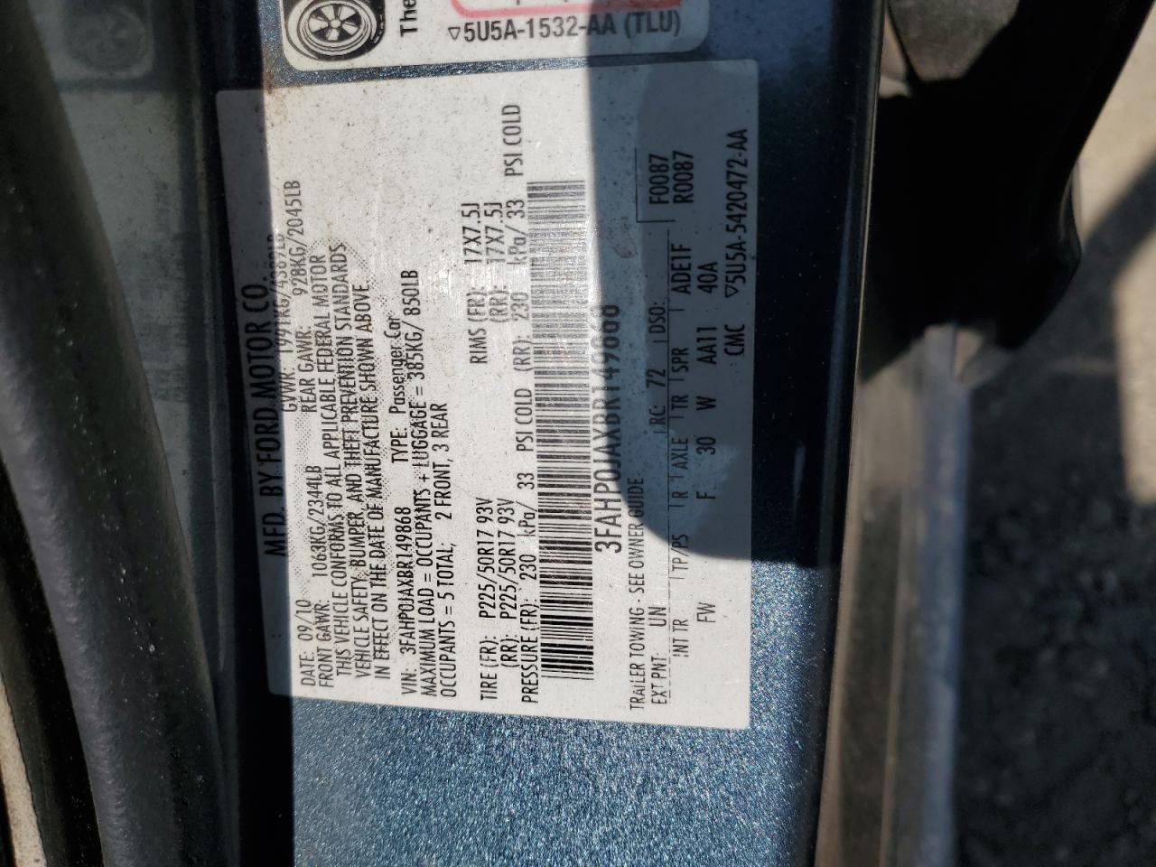 2011 Ford Fusion Sel VIN: 3FAHP0JAXBR149868 Lot: 61085825