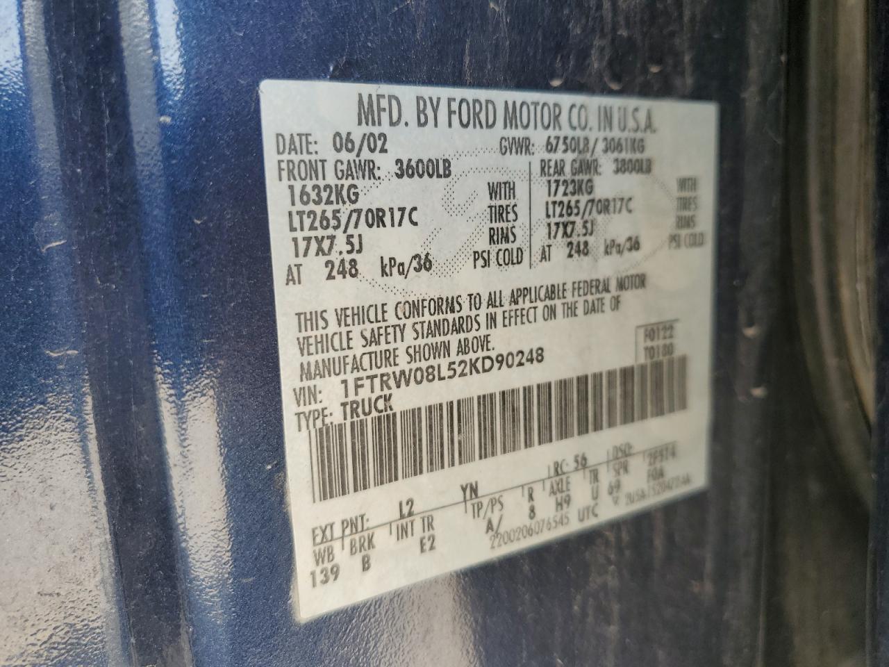 2002 Ford F150 Supercrew VIN: 1FTRW08L52KD90248 Lot: 62343925